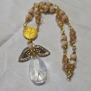Gold-Tone Pink Beaded Pendant Necklace with Clear Crystal Teardrop